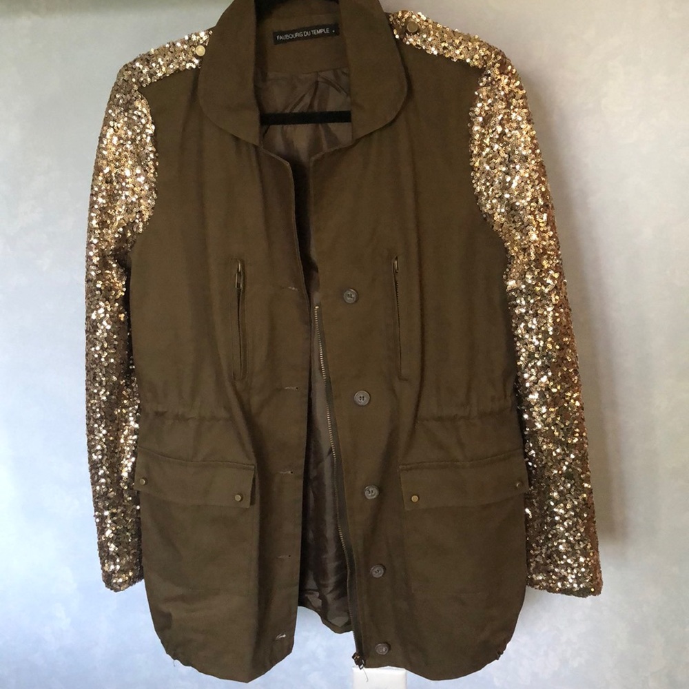 Stunning designer military green jacket with sequins sleeves